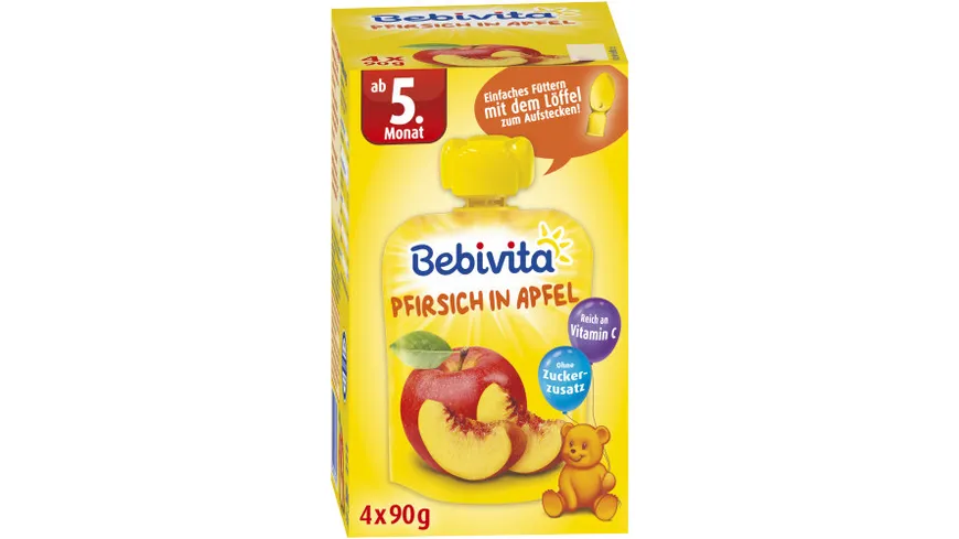 Bebivita Baby Quetschbeutel Pfirsich in Apfel, 4x90g