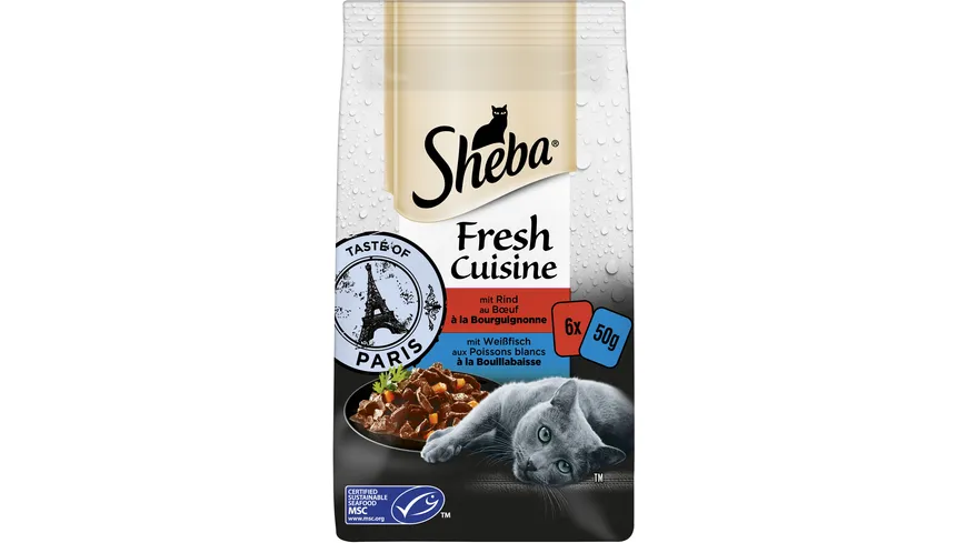 SHEBA® Portionsbeutel Multipack Fresh Cuisine Taste of Paris mit Rind und mit Weißfisch MSC 6 x 50g