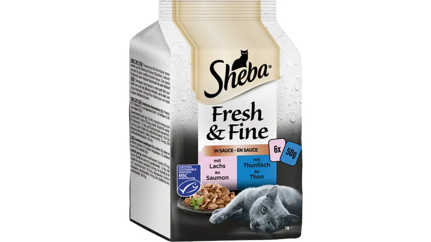 SHEBA® Portionsbeutel Multipack Fresh & Fine in Sauce mit Thunfisch und mit Lachs MSC 6x50g