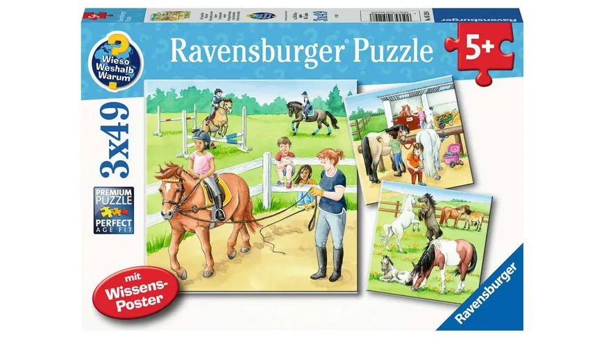 Ravensburger Puzzle - Ein Tag auf dem Reiterhof Kinderpuzzle, 3 x 49 Teile