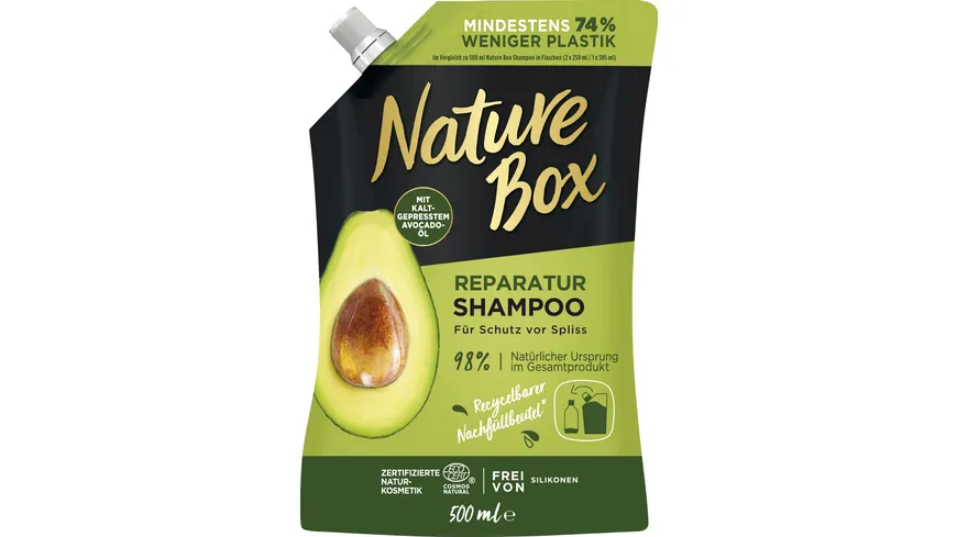 Nature Box Shampoo Avocado-Öl Nachfüllbeutel, Reparatur, recycelbarer Nachfüllbeutel, vegan und frei von Silikonen