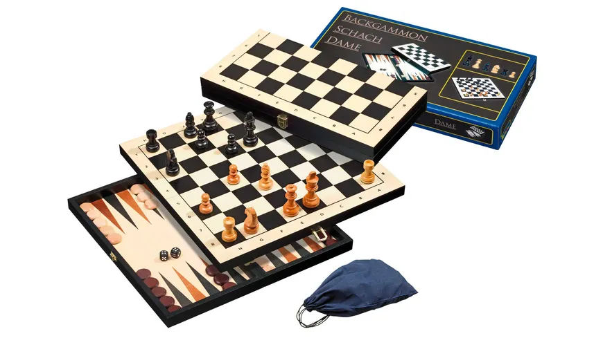 Schach Backgammon Dame Kassette 3 in1 Spiel Schachspiel Backgammonspiel Holz DE 