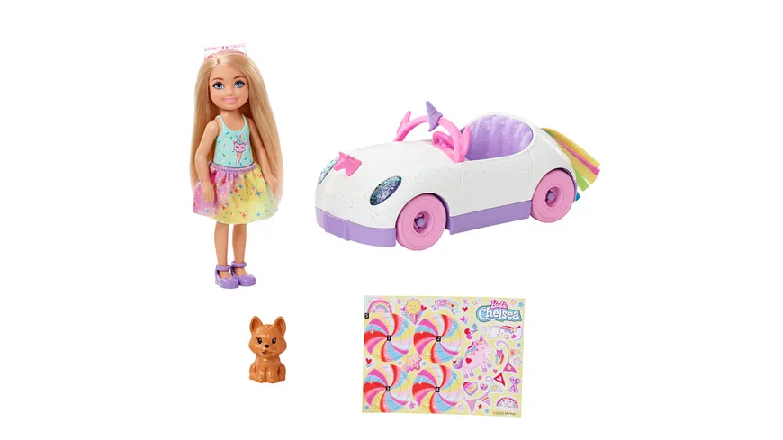 Barbie Chelsea Puppe Spiel-Set inkl. Auto, Regenbogen-Einhorn