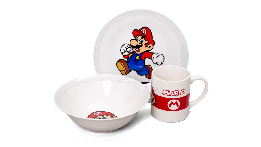 Super Mario Kinder-Geschirr Set Teller Müslischale und Tasse Frühstücks Set 