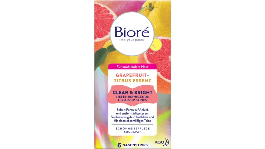 BIORÉ Grapefruit + Zitrus Essenz Clear & Bright Tiefenreinigende Clear-Up Strips, 6 Nasenstrips
