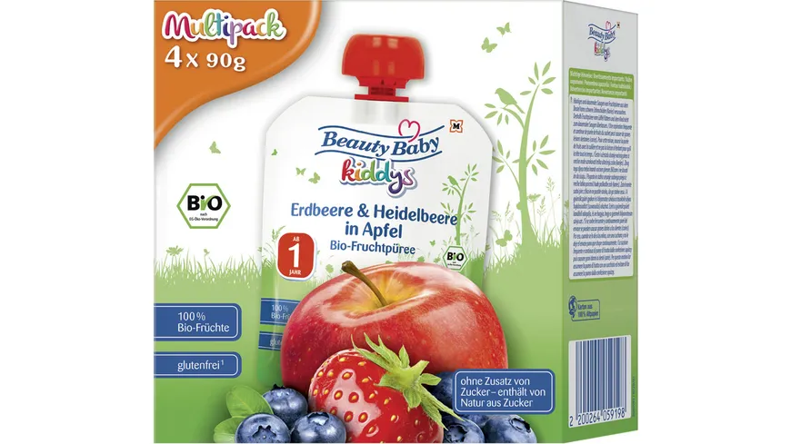 Beauty Baby Kiddys Bio Fruchtpüree Multipack Erdbeere & Heidelbeere in Apfel