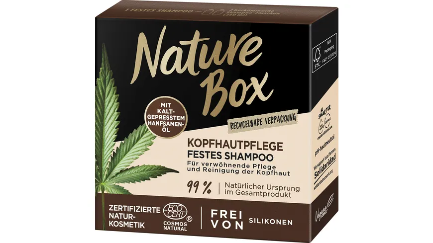 Nature Box festes Shampoo Kopfhautpflege mit Hanfsamenöl