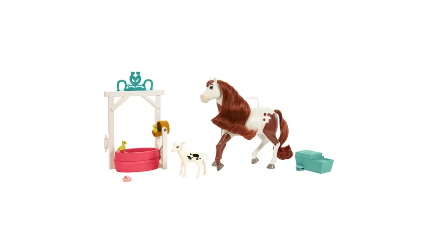 Spirit Tier-Babysitting mit Boomerang Spielset mit Pferd (21 cm), Badetrog und Tränke, Huf-Aktivierungsfunktion, 3 Tieren und Badebürste, ab 3 Jahren