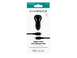 Vivanco Super Fast Car Charger Set 2 USB Ports inkl USB Type C Lightning Kabel Kfz Schnellladegeraet fuer Apple 32W