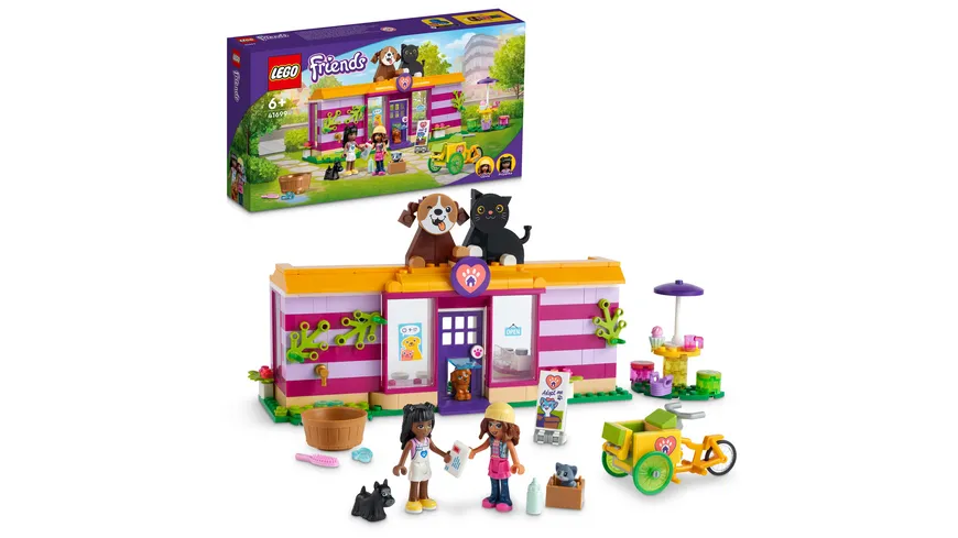 LEGO Friends 41699 Tieradoptionscafé, Set mit Tieren und Mini-Puppen