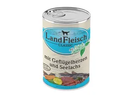 LandFleisch Classic Hundenassfutter Gefluegelherzen Seelachs mit Frischgemuese 400g