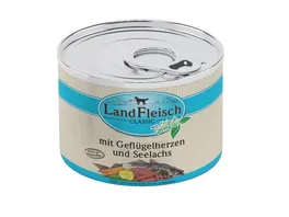 LandFleisch Classic Hundenassfutter Gefluegelherzen Seelachs mit Frischgemuese 195g