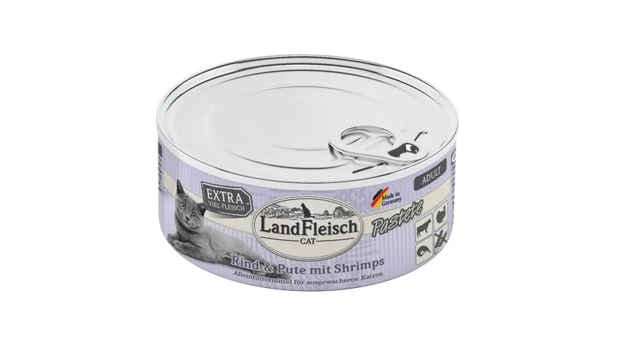 LandFleisch Katzennassfutter Adult Pastete Rind & Pute mit Shrimps 100g