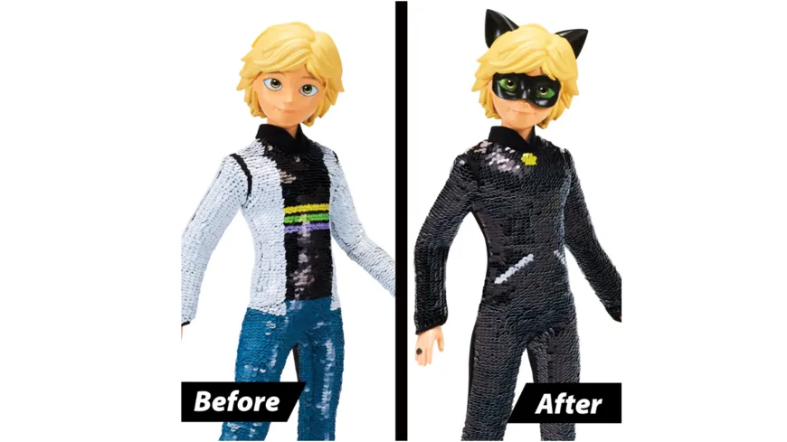 Bandai - Miraculous Fashion Flip Cat Noir Puppe - verwandelt sich im Handumdrehen von Adrien in Cat Noir