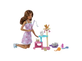 Barbie Puppe und Kaetzchen Kratzbaum Spielset mit Zubehoer Spielzeug fuer Kinder ab 3 Jahren