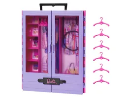 Barbie Kleiderschrank mit Tragegriff lila rosa ausklappbar mit Zubehoer