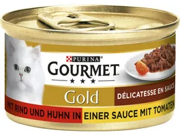 GOURMET Gold Katzennassfutter Delicatesse en Sauce mit Rind Huhn in einer Sauce mit Tomaten
