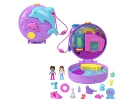 Polly Pocket Delfin Retten und Spielen Schatulle mit 2 kleinen Puppen und Meerestieren Tierspielzeug mit Zubehoerteilen rund um das Thema Meer