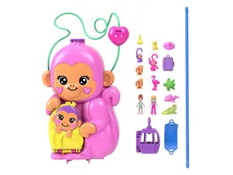 Polly Pocket Affenmama und Baby Spielset mit 2 kleinen Puppen Haustieren und 13 Accessoires 2 in 1 Tasche und Spielzeug