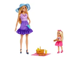 Barbie Puppen und Accessoires aus der Reihe Family Friends Spielset im Picknick Thema mit 2 Puppen und 9 Accessoires