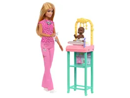 Barbie Kinderaerztin Puppe mit blonder Modepuppe 1 Baby Patientenpuppe Moebel und Zubehoer