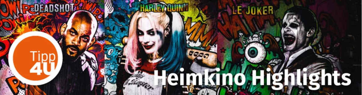 Banner mit Harley Quinn, Deadshot und Le Joker darauf