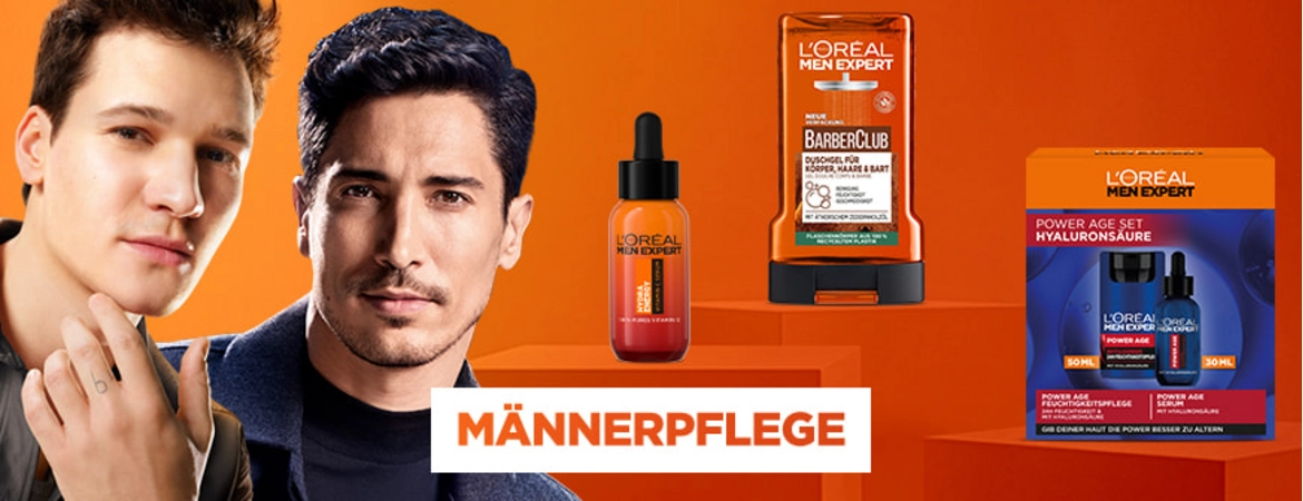 L’Oréal Men Expert Pflegeprodukte: Gesichtsreinigung, Bartöl und Anti-Aging Feuchtigkeitscreme vor orangefarbenem Hintergrund mit ‘MÄNNERPFLEGE’ Schriftzug und einem Mann, der sein Gesicht betrachtet