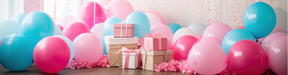 Geschenke in rosa und braunes Papier eingepackt, umgeben von rosa- und blaufarbenen Luftballons