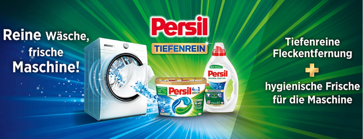 Grüner Banner, Waschmaschine mit verschiedenen Persil Produkten und Text Tiefenreine Fleckenentfernung + hygienische Frische für die Maschine