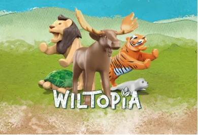 Playmobil Wiltopia Tierfiguren - Löwe, Elch, Tiger, Schildkröte und Robbe auf stilisierter Savannenlandschaft mit Bergen im Hinmtergrund