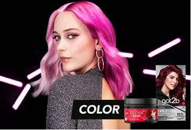 Frau mit pinken Haaren und got2b Haarfärbe- und Farbmasken Produkten. Kategorie: Color