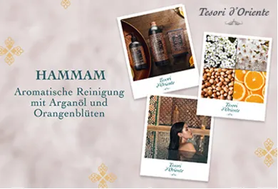 Banner mit grauem Hintergrund, 3 Fotos und Text "Hammam aromatisch Reinigung mit Arganöl und Orangenblüten"