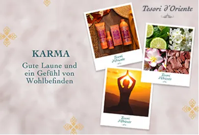 grauer Hintergrund, 3 Bilder und Text "Karma gute Laune und ein Gefühl von Wohlbefinden"
