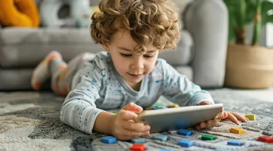 liegender-kleiner-Junge-Locken-Tablet-Spielsteine-Teppich-Wohnzimmer-Sofa-Zimmerpflanze