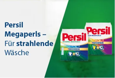 Banner mit zwei Persil Megaperls Produkten und Text Persil Megaperls - Für strahlende Wäsche
