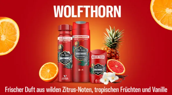 Old Spice Wolfthorn Produkte mit frischem Duft aus wilden Zitrus-Noten, tropischen Früchten und Vanille - 48 Stunden Frische für Männer