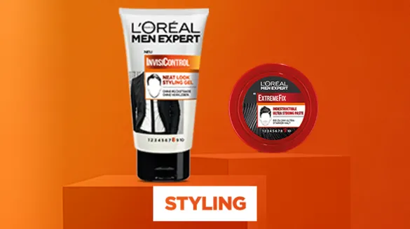 L’Oréal Men Expert Haarstylingprodukte, Invis Control Gel und ExtremeFix Wachs, auf orangefarbenem Hintergrund mit dem Schriftzug “STYLING”