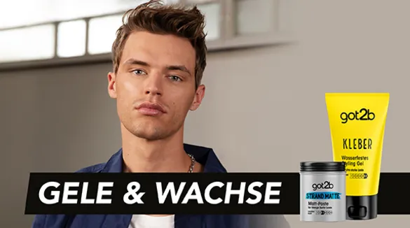 Junger Mann mit kurzen, stylischen Haaren und got2b Styling Gel und Matt-Paste Produkten. Kategorie: Gele & Wachse