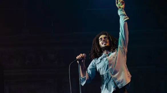 Bob Marley steht am Mikrofon und streckt die linke Hand nach oben