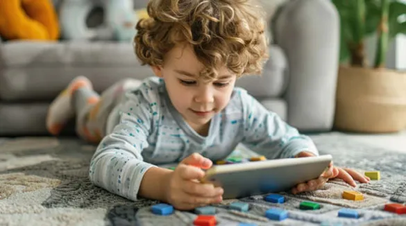 liegender-kleiner-Junge-Locken-Tablet-Spielsteine-Teppich-Wohnzimmer-Sofa-Zimmerpflanze