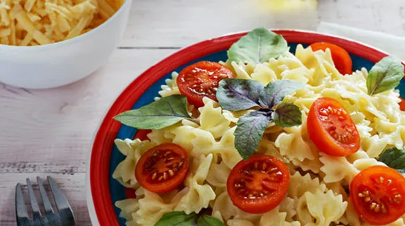 blau-roter-Teller-Farfalle-halbierte-Kirschtomaten-Basilikum-Gabel-Schale-mit-Pastakäse