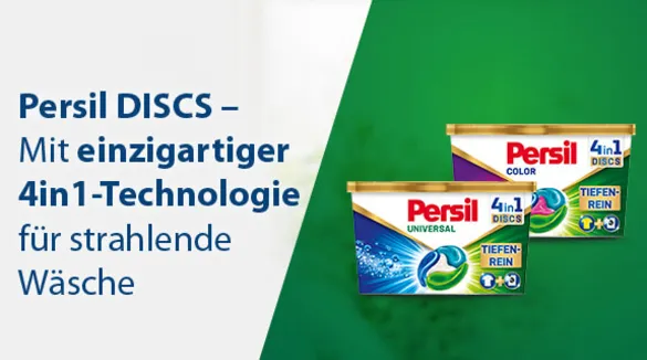 Banner mit 2 PERSIL DISCS Verpackungen und Text 4in1 Technologie für strahlende Wäsche