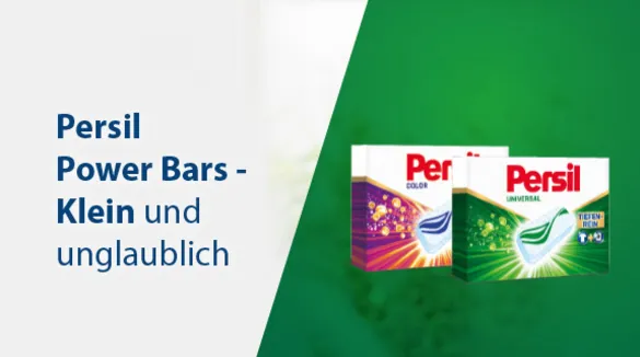 Banner mit 2 Persil Produkten und Text Persil Power Bars - Klein und unglaublich