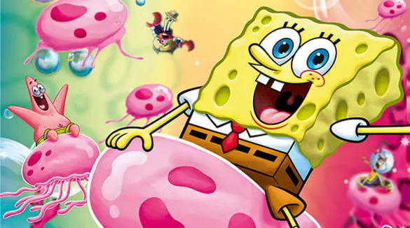 Spongebob und seine Freunde reiten auf rosa Quallen