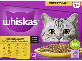 Whiskas Portionsbeutel Vorratspack 1 Gefluegel Auswahl in Sauce Katzennassfutter 24x85g