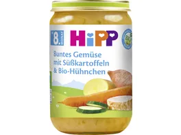 HiPP Bio Menues Buntes Gemuese mit Suesskartoffeln und Bio Huehnchen