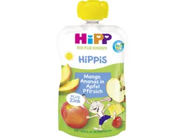 HiPP Bio fuer Kinder HiPPiS Frucht Plus Mango Ananas in Apfel Pfirsich plus Zink Hans Hase