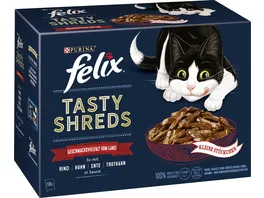 PURINA FELIX Tasty Shreds Geschmacksvielfalt vom Land Katzennassfutter 10x80g Portionsbeutel