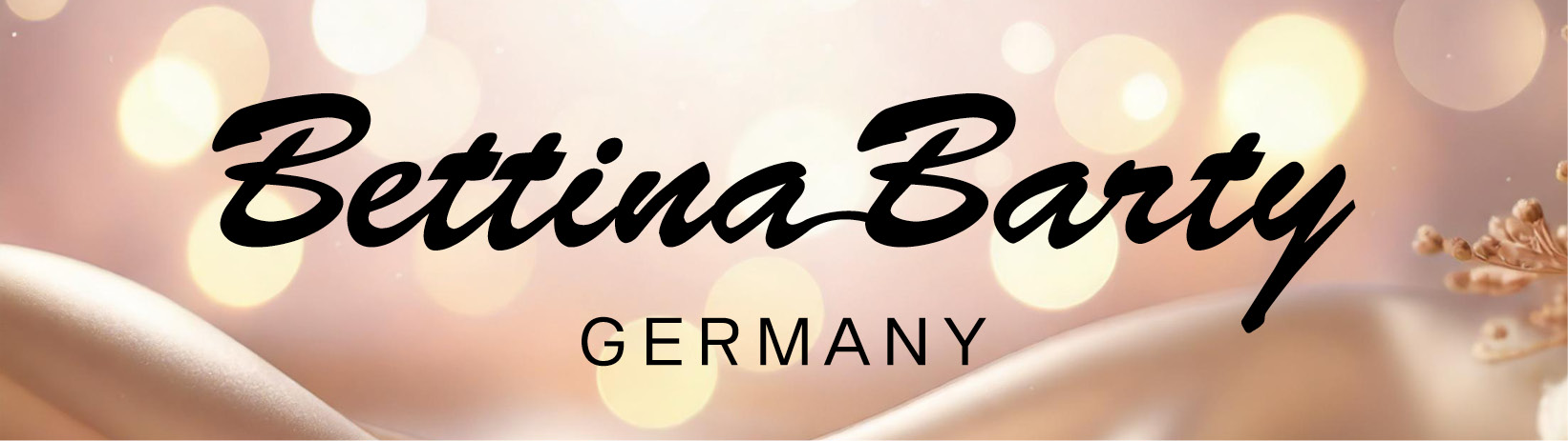 Logo von Bettina Barty Germany mit elegantem Schriftzug und goldenem, glamourösem Hintergrund. Pflege- und Kosmetikmarke aus Deutschland.