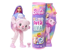 Barbie Cutie Reveal Puppe und Accessoires Teddybaer der Cozy Cute Serie in Love T Shirt pinke Haare mit violetten Straehnen und braune Augen